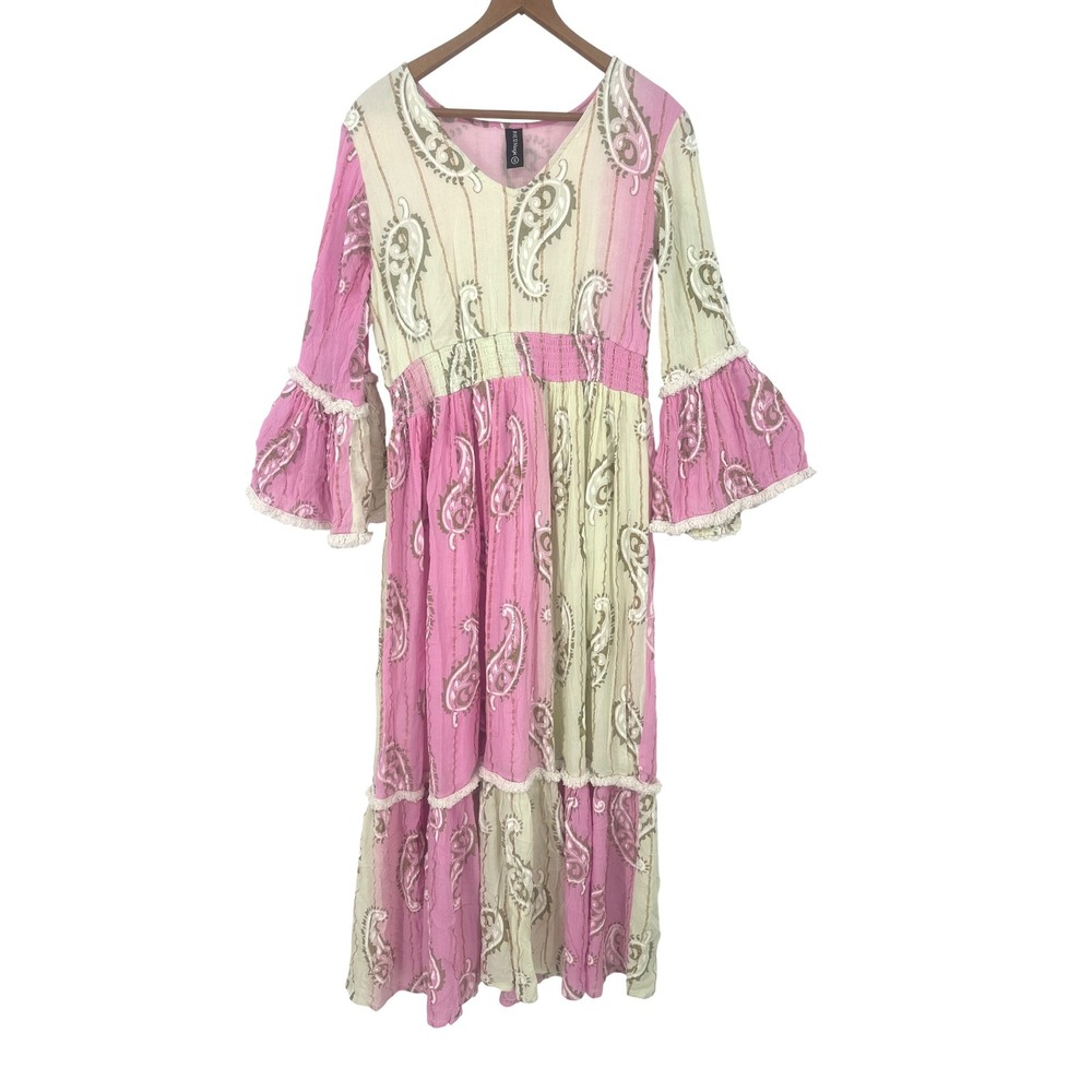 Anthropologie ME2Magic Maxi Dress S Pink Paisley Boho Bell Sleeve Tiered Fringe
